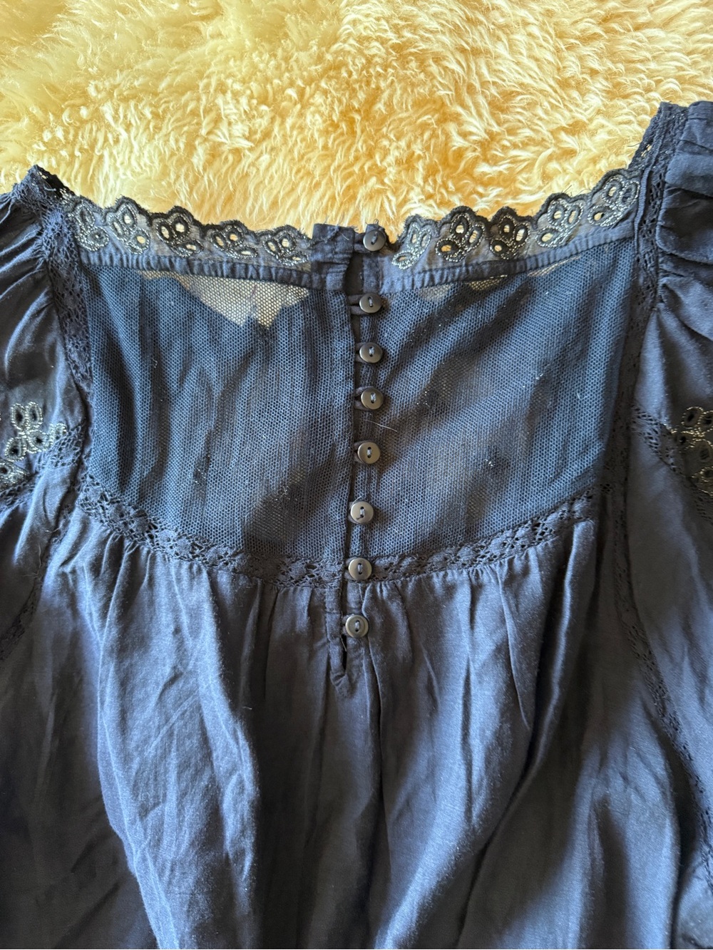 Anthropologie Navy Embroidered Eyelet Lace Mesh Babydoll Blouse Puff Sleeve S - Picture 8 of 9